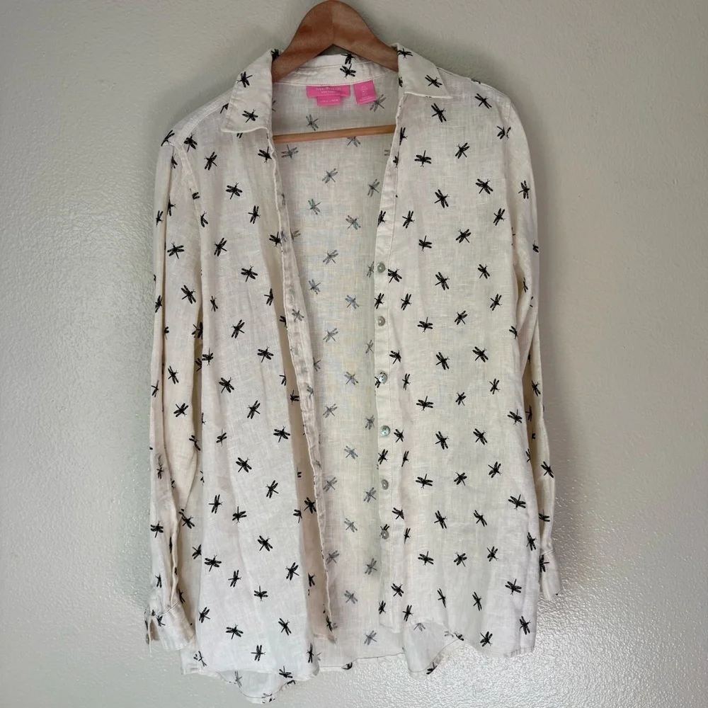 Isaac Mizrahi Linen Shirt with Black Dragonfly Pattern